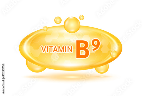 Vitamin b9 and minerals complex. Glossy vitamins pills capsules. Pill, Healthy food supplement. Medical scientific and healthcare concept. Isolated on white background 3D Vector EPS10.