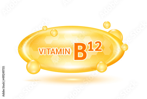 Vitamin B12 and minerals complex. Glossy vitamins pills capsules. Pill, Healthy food supplement. Medical scientific and healthcare concept. Isolated on white background 3D Vector EPS10.