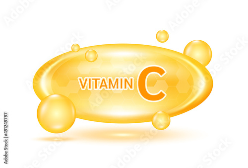 Vitamin C and minerals complex. Glossy vitamins pills capsules. Pill, Healthy food supplement. Medical scientific and healthcare concept. Isolated on white background 3D Vector EPS10.