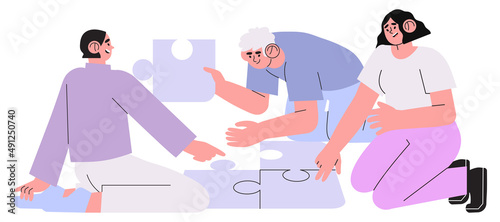 Vector illustration of coworkers doing round jigsaw puzzle isolated on a white background. Teamwork, coworking and business partnership concept for banner, flyer, article, landing page, ui ux design.