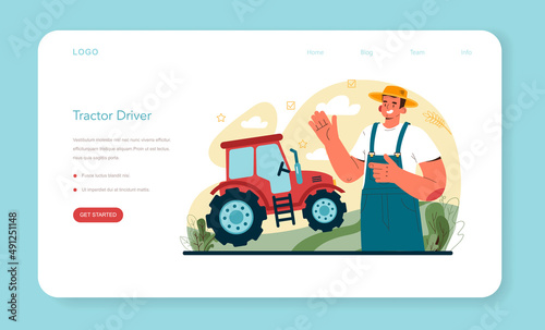 Farmer web banner or landing page. Tractor worker driving agricultural