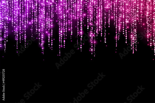 Violet pink glitter festive shiny garland on black background. Vector