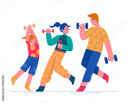 Fototapeta Naklejka Na Ścianę i Meble -  Happy active family training with dumbbells. Healthy daily exercise activity habit cartoon vector illustration