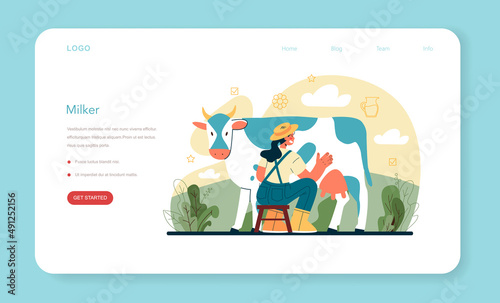 Dairy farm web banner or landing page. Milkmaid milking a cow.