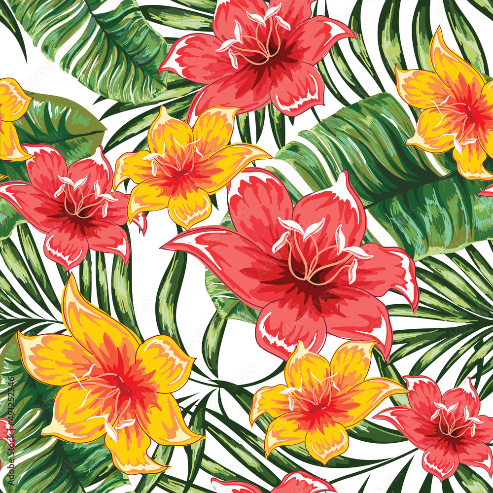 Flowers. Seamless pattern with tropical flowering plants. Vector image. 