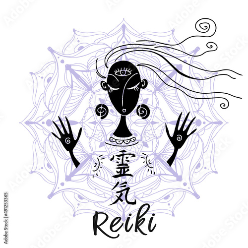 Reiki healing. A girl in the lotus position conducts a Reiki session. Vector,