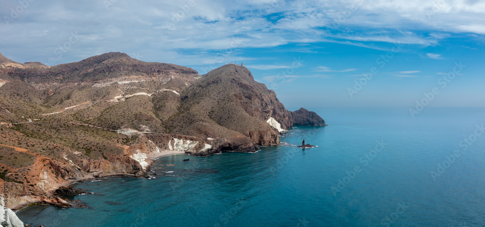 aerial panorama view of the wild and rugged coastline of the Cabo de Gata Nature Reserve in Andalusia