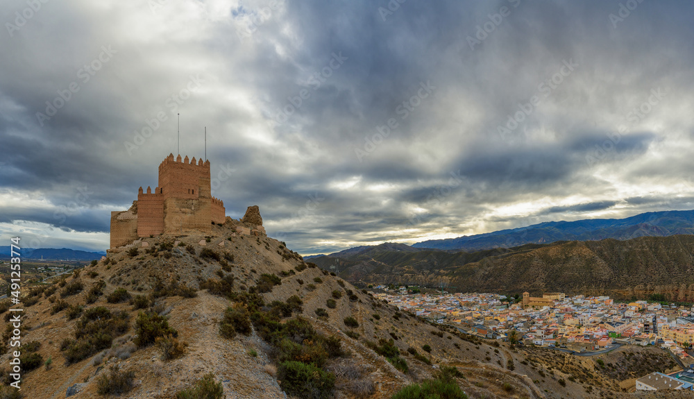 view of the Moorish castle and village of Tabernas in the desert of Andalusia