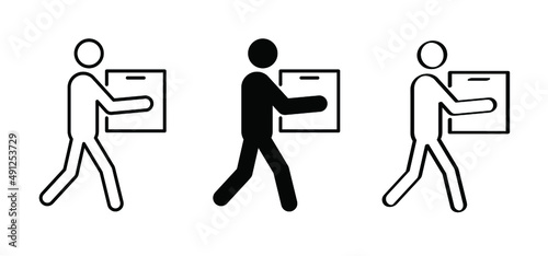 Postman. stickman, stick figure courier delivery concept  Man lifting, with box, holding in hand a package, Walking or moving person symbol. Order, shopping, service. Vector icon or pictogram.