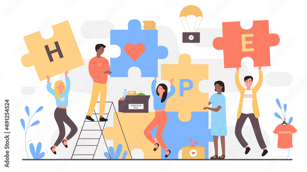 Charity process, social organization. Team of tiny volunteers holding puzzle pieces with hearts and help word in hands, people connect jigsaw flat vector illustration. Love, tolerance, hope concept