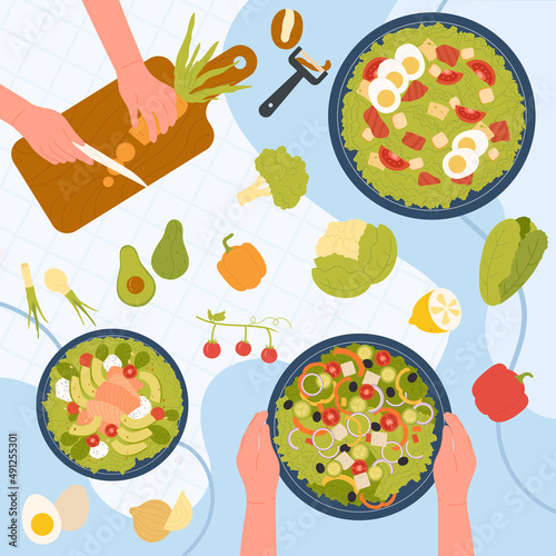Vegetarian recipe of garnish, salad preparation. Hands of chef chopping vegetables, eggs wooden on board, holding tasty bowl for dinner flat vector illustration. Culinary, restaurant menu concept