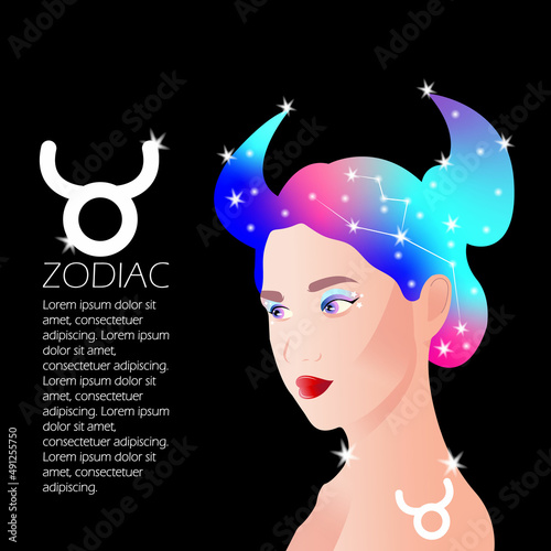 Zodiac sign Taurus. The girl of the zodiac sign Taurus with hair in the form of the Universe and the zodiac constellation. A modern illustration of the zodiac sign for web design.