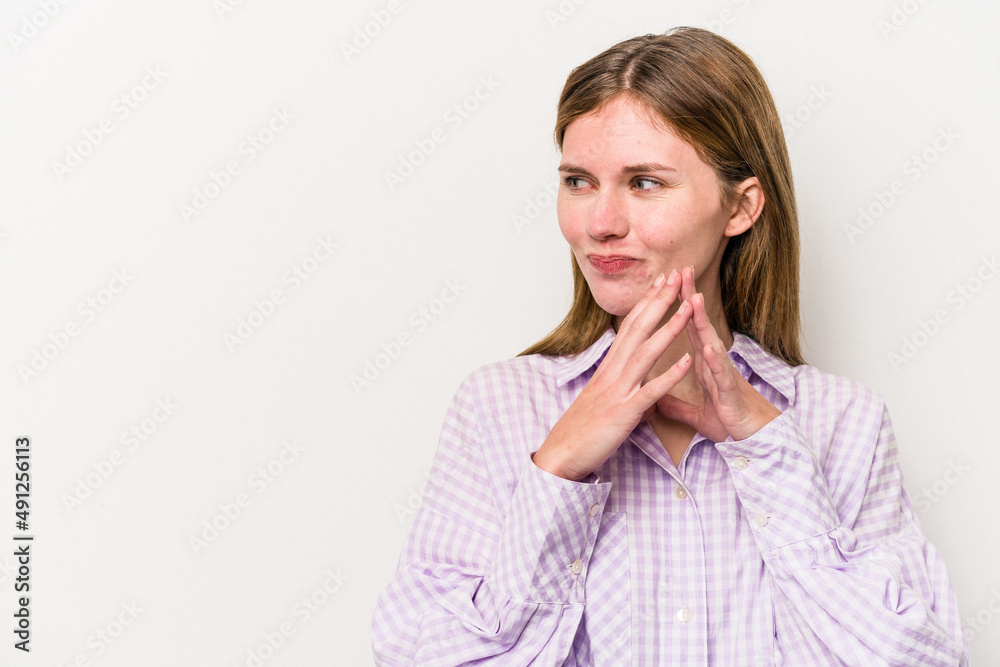 Young russian woman isolated on white background making up plan in mind, setting up an idea. Young russian woman isolated on white background making up plan in mind, setting up an idea.