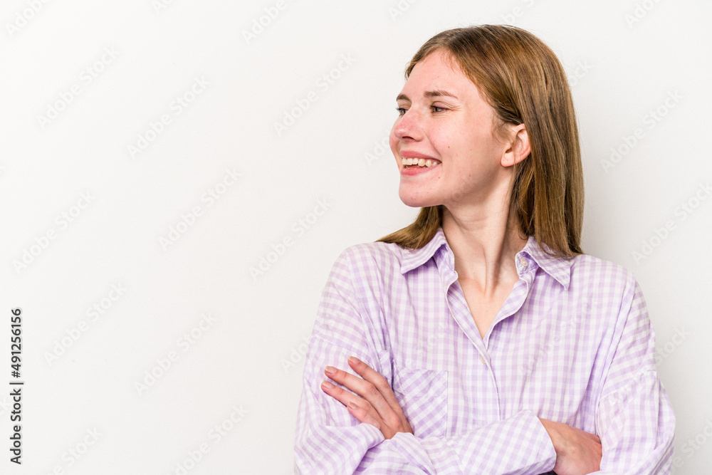 Young russian woman isolated on white background smiling confident with crossed arms. Young russian woman isolated on white background smiling confident with crossed arms.