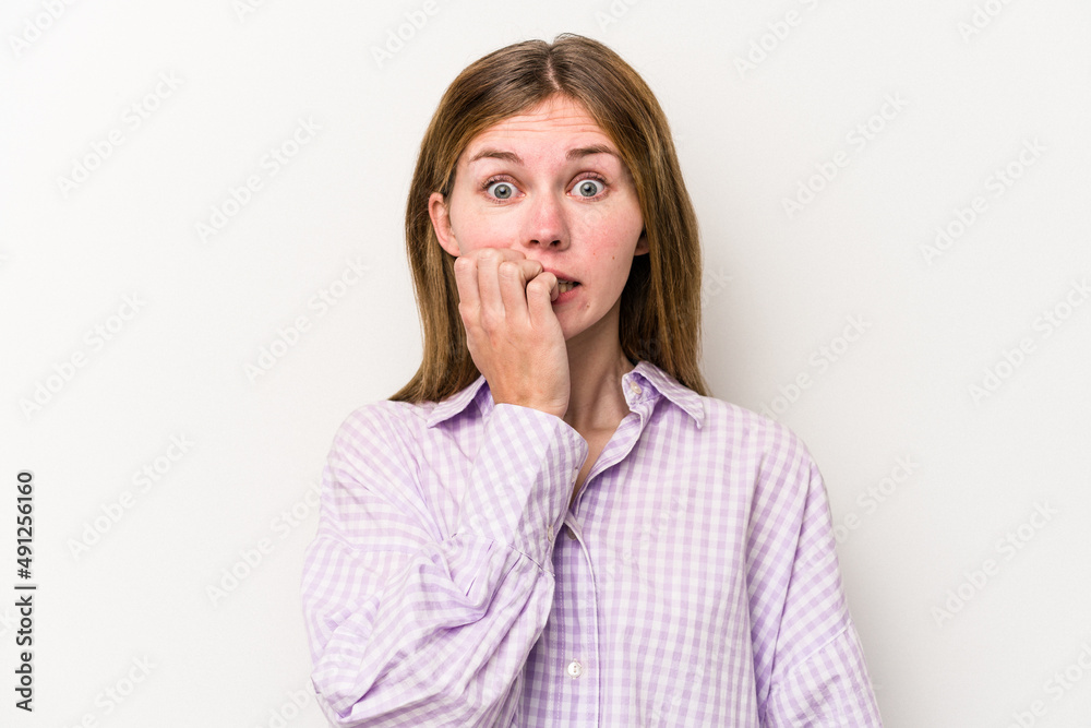 Young russian woman isolated on white background biting fingernails, nervous and very anxious. Young russian woman isolated on white background biting fingernails, nervous and very anxious.
