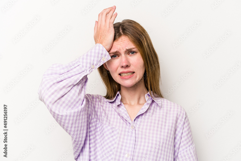Young russian woman isolated on white background forgetting something, slapping forehead with palm and closing eyes. Young russian woman isolated on white background forgetting something, slapping forehead with palm and closing eyes.