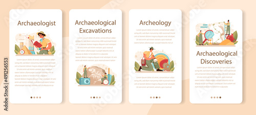 Archaeologist mobile application banner set. Ancient history scientist