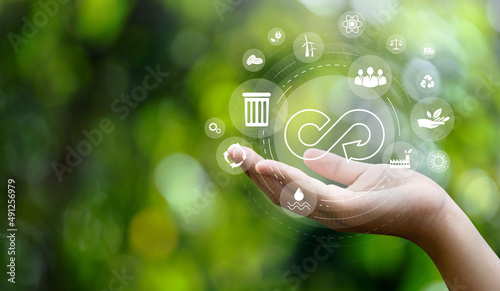 circular economy symbol on hand icon with an endless circular economy in the concept of sustainable business and environmental growth in the future photo