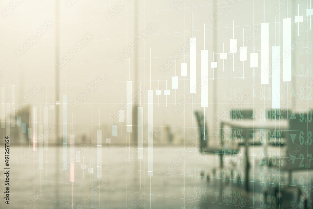 Double exposure of virtual creative financial diagram on a modern boardroom background, banking and accounting concept