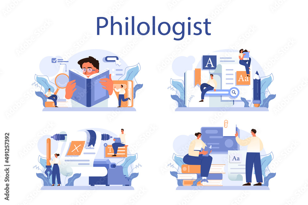 Philologist concept set. Scientific study of language, its history