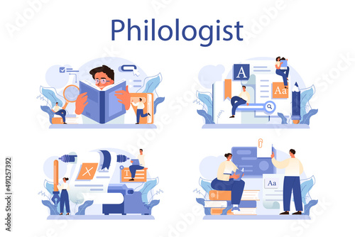 Philologist concept set. Scientific study of language, its history © inspiring.team