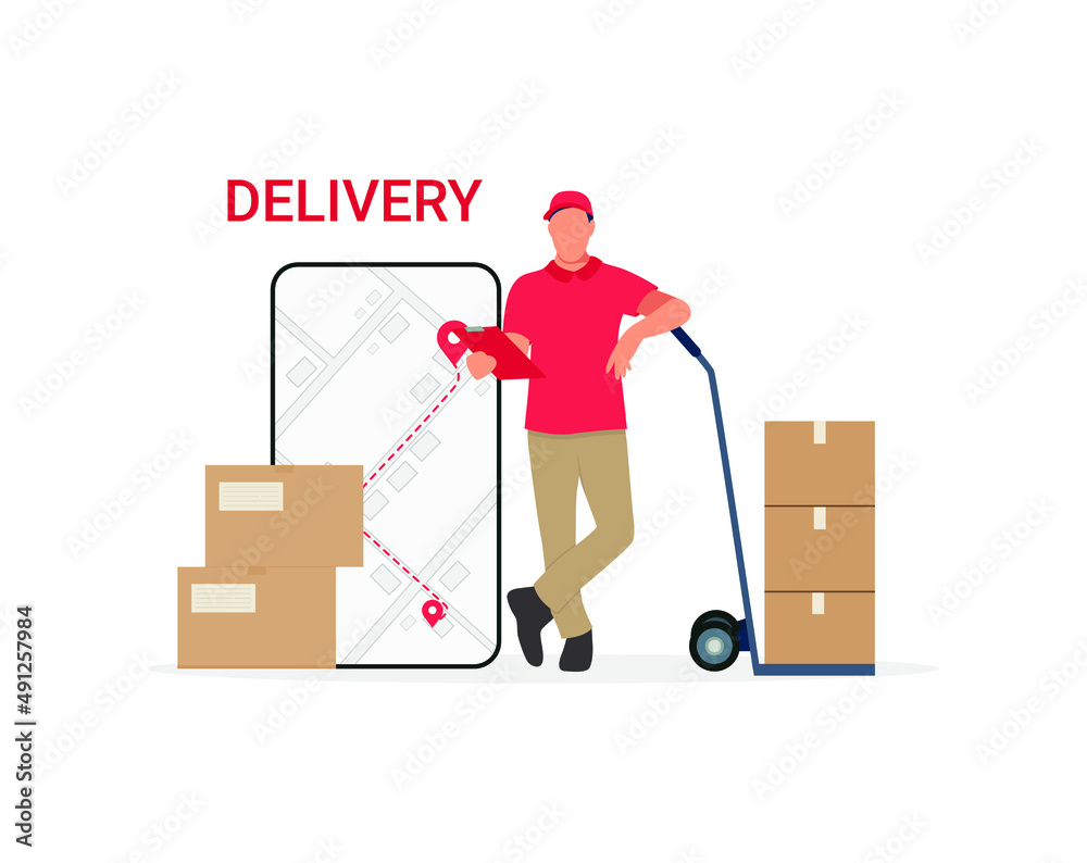 Online shopping and delivery concept. Vector illustration. Man in uniform. Courier Online shopping and delivery concept. Vector illustration. Man in uniform. Courier