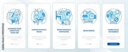 Hints you are in wrong profession blue onboarding mobile app screen. Walkthrough 5 steps graphic instructions pages with linear concepts. UI, UX, GUI template. Myriad Pro-Bold, Regular fonts used