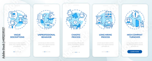 Warning signs in recruitment interview blue onboarding mobile app screen. Walkthrough 5 steps graphic instructions pages with linear concepts. UI, UX, GUI template. Myriad Pro-Bold, Regular fonts used