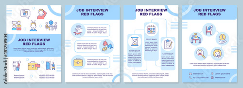 Job interview red flags blue brochure template. Show professionalism. Leaflet design with linear icons. 4 vector layouts for presentation, annual reports. Arial-Black, Myriad Pro-Regular fonts used