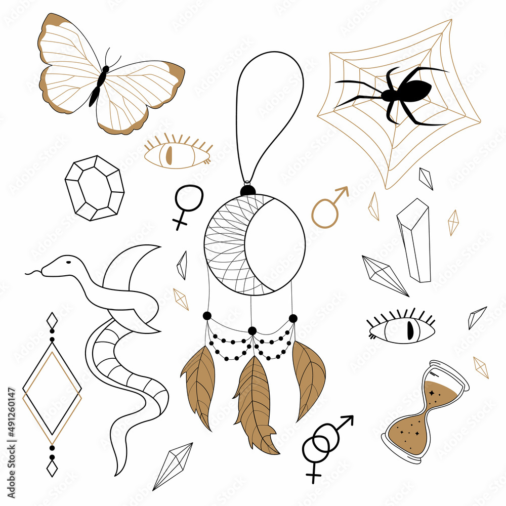 Collection of mystical and astrological objects, butterfly, dream catcher, gems, snake. Minimalistic objects made in the online style. Editable vector illustrations.