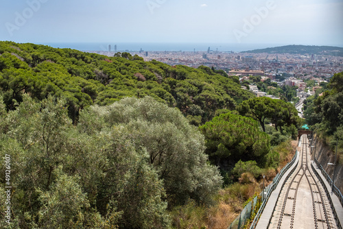 The funicular railroad track among the woods of Mount Tibidabo in Barcelona, Spain. 
Cityscape during the daytime. photo