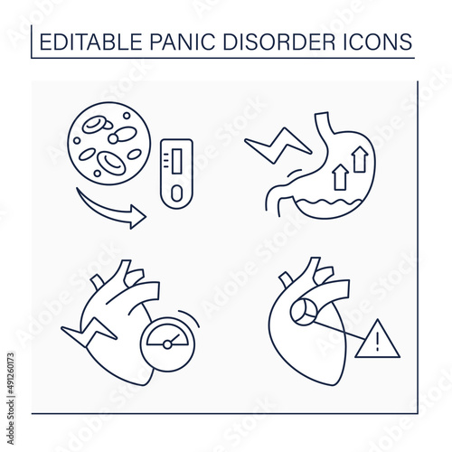 Panic disorder line icons set. Mitral valve prolapse, nausea,heart palpitation, hypoglycemia. Mental health care. Anxiety disorder concept. Isolated vector illustration. Editable stroke
