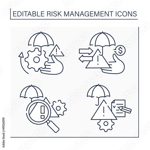 Risk management line icons set. Risk transfer, identification, assessment. Business concept. Isolated vector illustrations. Editable stroke
