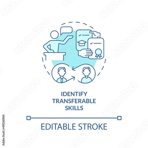 Identify transferable skills turquoise concept icon. What to do about wrong career abstract idea thin line illustration. Isolated outline drawing. Editable stroke. Arial, Myriad Pro-Bold fonts used photo