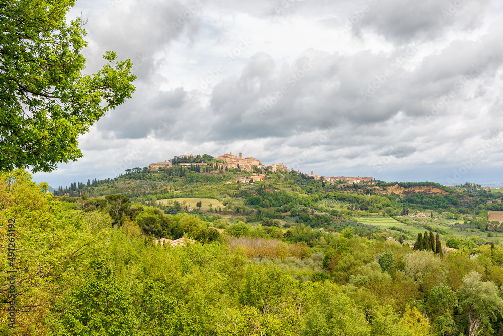 Italian landscape view of an ancient village on a hill in the countryside