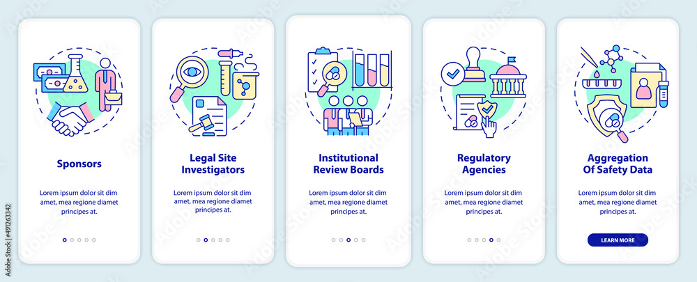Safety onboarding mobile app screen. Clinical trials protection walkthrough 5 steps graphic instructions pages with linear concepts. UI, UX, GUI template. Myriad Pro-Bold, Regular fonts used
