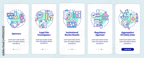 Safety onboarding mobile app screen. Clinical trials protection walkthrough 5 steps graphic instructions pages with linear concepts. UI, UX, GUI template. Myriad Pro-Bold, Regular fonts used