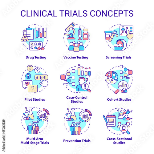Clinical trials concept icons set. Healthcare study. Science medical research idea thin line color illustrations. Isolated symbols. Editable stroke. Roboto-Medium, Myriad Pro-Bold fonts used