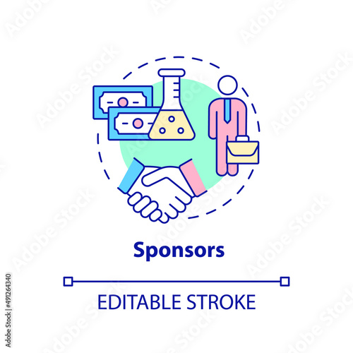 Sponsors concept icon. Medicine financial support. Safety of clinical trials guaranty abstract idea thin line illustration. Isolated outline drawing. Editable stroke. Arial, Myriad Pro-Bold fonts used