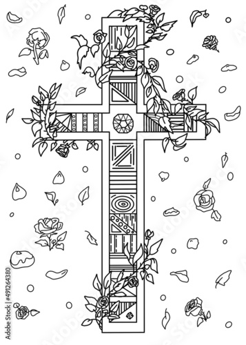 Cross with incrustation and rose wreath. Coloring book drawing for Christian people. Gothic cross with flower creeper and jewel stones.  photo