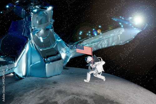 Astronaut floats over the moon holding USA flag in science fiction exploration on mission spaceship travel