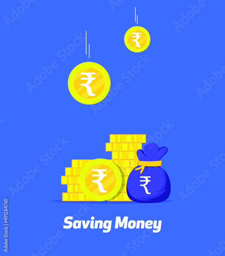 Saving money concept vector. Rupee coin stack and money bag.