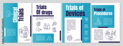 Clinical trials types blue brochure template. Medical science research. Leaflet design with linear icons. 4 vector layouts for presentation, annual reports. Anton, Lato-Regular fonts used