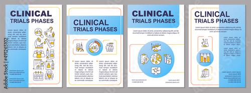 Phases of clinical trials blue brochure template. Healthcare tests. Leaflet design with linear icons. 4 vector layouts for presentation, annual reports. Arial, Myriad Pro-Regular fonts used