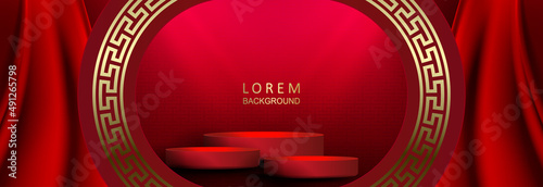 Red texture composition with stage, oval frame with golden color pattern