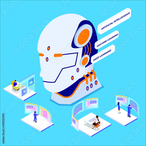 Robot learning isometric 3d vector concept for banner, website, illustration, landing page, flyer, etc.
