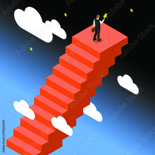 Businessman climb the stairs to get the star isometric 3d vector concept for banner, website, illustration, landing page, flyer, etc.