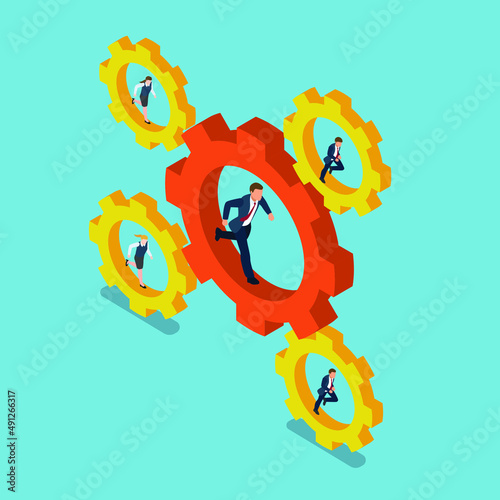 Business teamwork collaborate to achieve business goal isometric 3d vector concept for banner, website, illustration, landing page, flyer, etc.