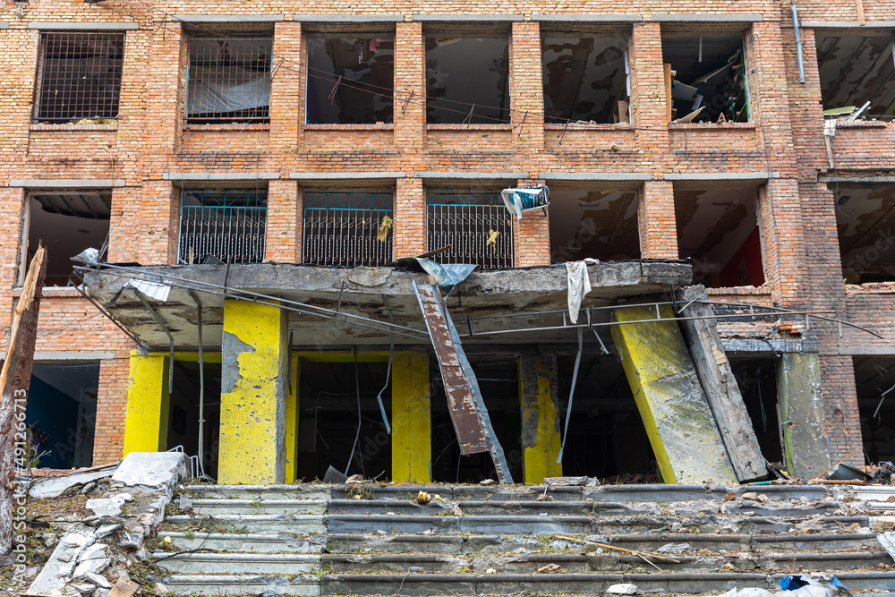 War in Ukraine. Destroyed building in Vasylkiv War in Ukraine. Destroyed building in Vasylkiv