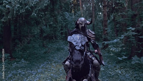 Viking. Warrior rides a horse from battle.